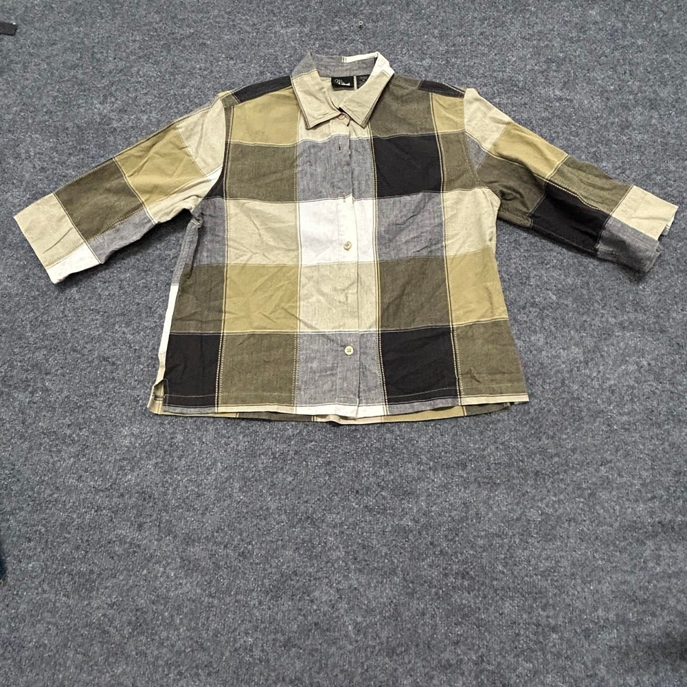 Ms. Lee Button Up Shirt Womens Size M Olive Black Plaid Cotton 3/4 Sleeve Casual